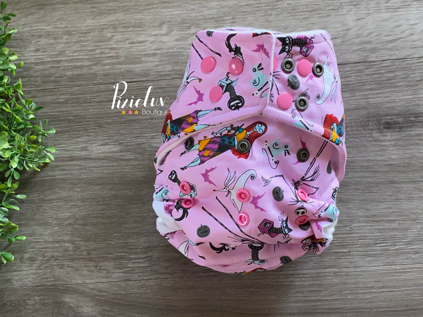 Halloween Pink Nightmare Town Skeleton, King, Pumpkin Inspired One Size Pocket Cloth Diaper, Everyday Use, Photoshoot- READY TO SHIP