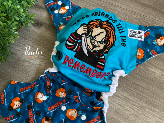 Embroidered Horror Movie 80's Inspired Scary Doll One Size Pocket Cloth Diaper, Everyday Use, Photoshoot- READY TO SHIP