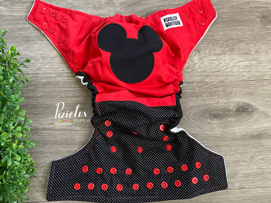 Red and Black Mouse Inspired One Size Pocket Cloth Diaper Bow or No Bow, Everyday Use, Photoshoot- READY TO SHIP