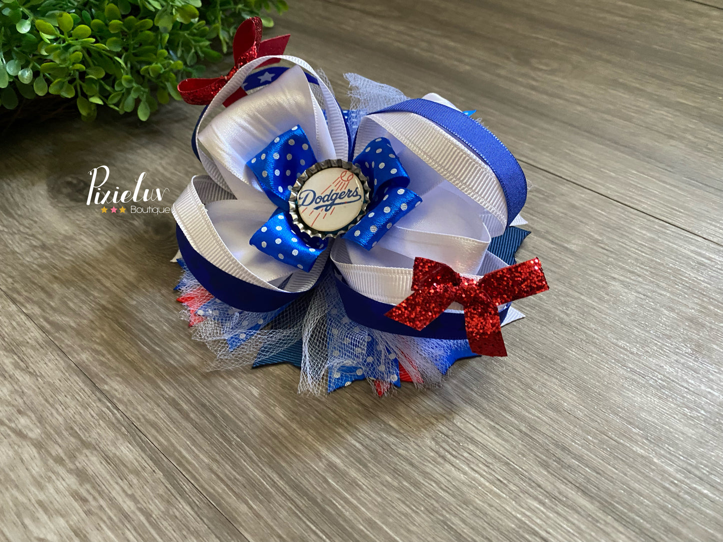 Baseball Red, White and Blue Dodgers Inspired Stacked Hair Bow, Hair Accessories, Fluffy Bow- READY TO SHIP