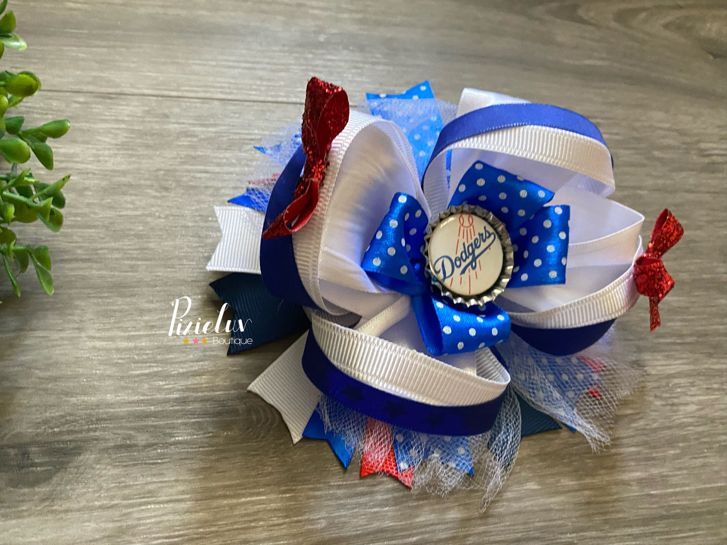 Baseball Red, White and Blue Dodgers Inspired Stacked Hair Bow, Hair Accessories, Fluffy Bow- READY TO SHIP