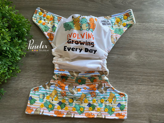 Evolving Pocket Monsters Inspired One Size Pocket Cloth Diaper, Everyday Use, Photoshoot- READY TO SHIP