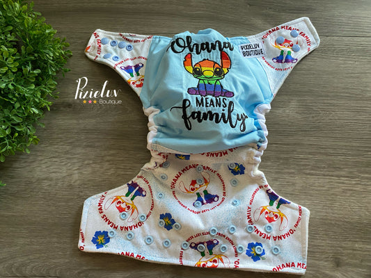 Rainbow Blue Alien Monster Inspired One Size Pocket Cloth Diaper, Everyday Use, Photoshoot- READY TO SHIP