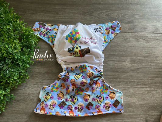 Up in the Sky, Balloon House Adventure Inspired One Size Pocket Cloth Diaper, Everyday Use, Photoshoot- READY TO SHIP